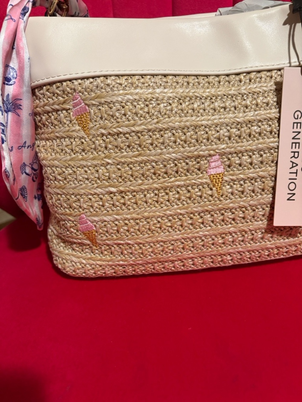 BCBGeneration Cream-Trim Straw Shoulder Bag with Pink Ice Cream Motifs - Picture 7 of 11
